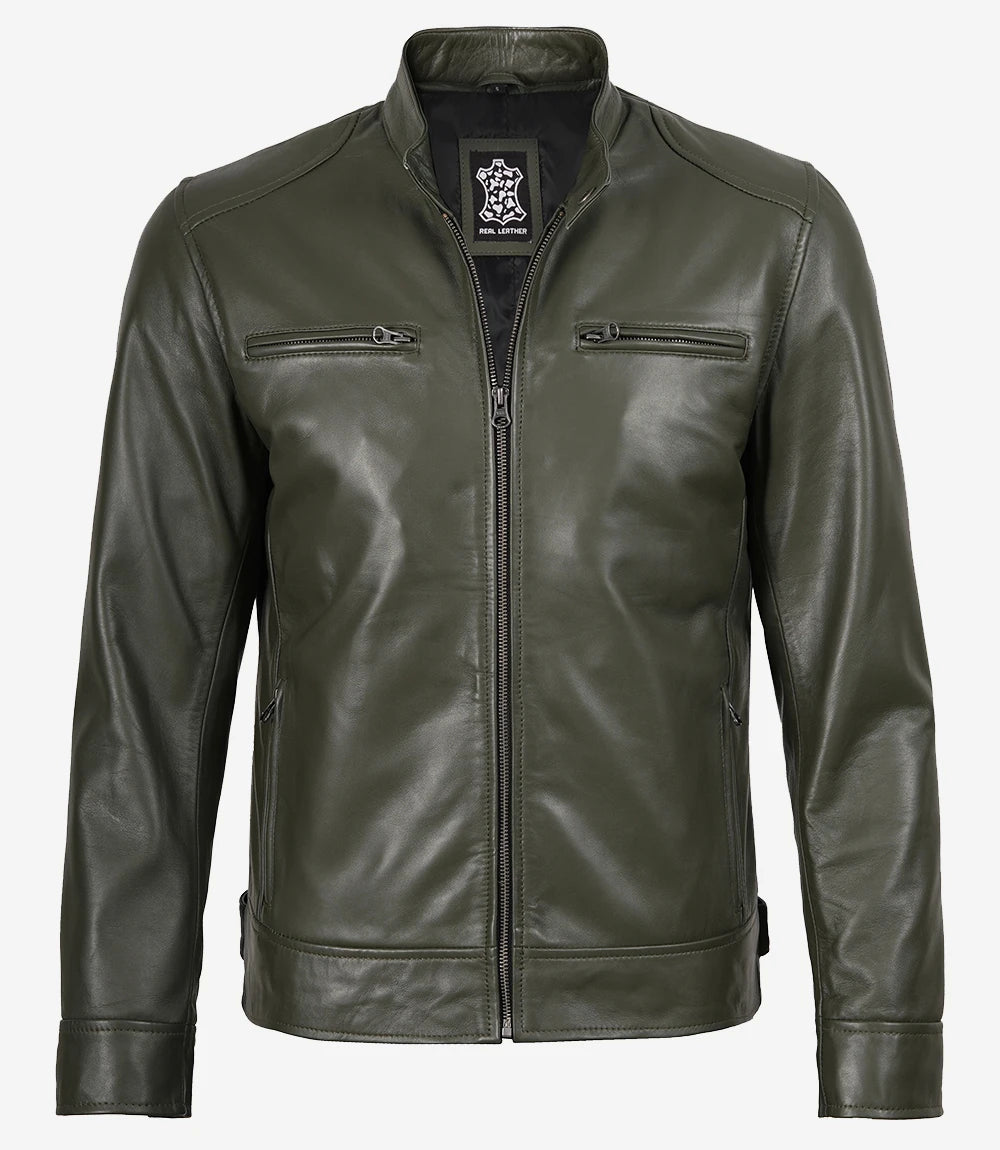 Veste en cuir style motard vert olive Dodge pour homme