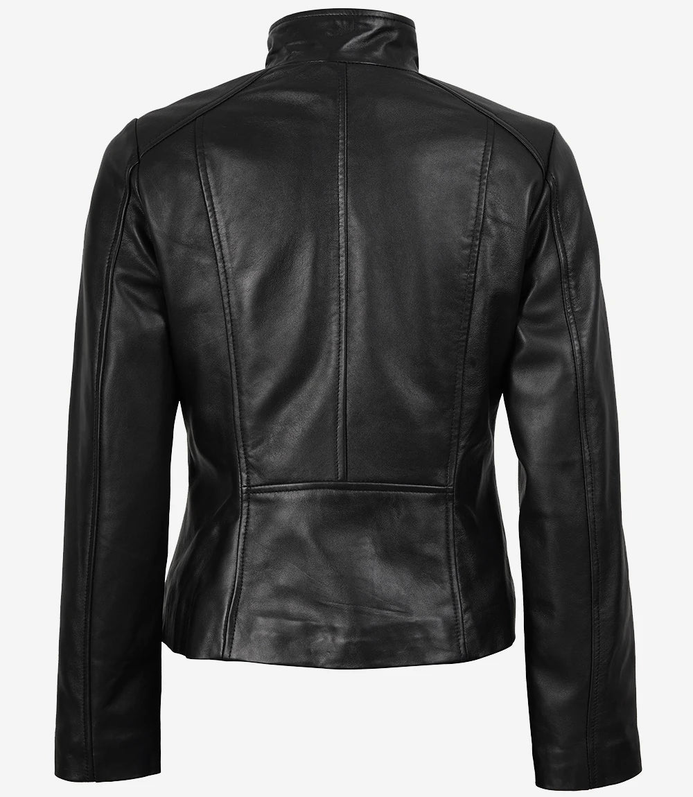 Veste en cuir véritable noir pour femme Arezoo avec fermeture éclair asymétrique