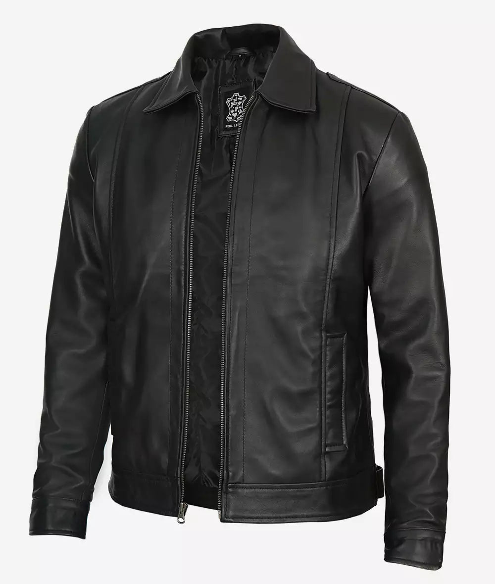 Mens Tall Shirt Collar Black Vintage Leather Jacket