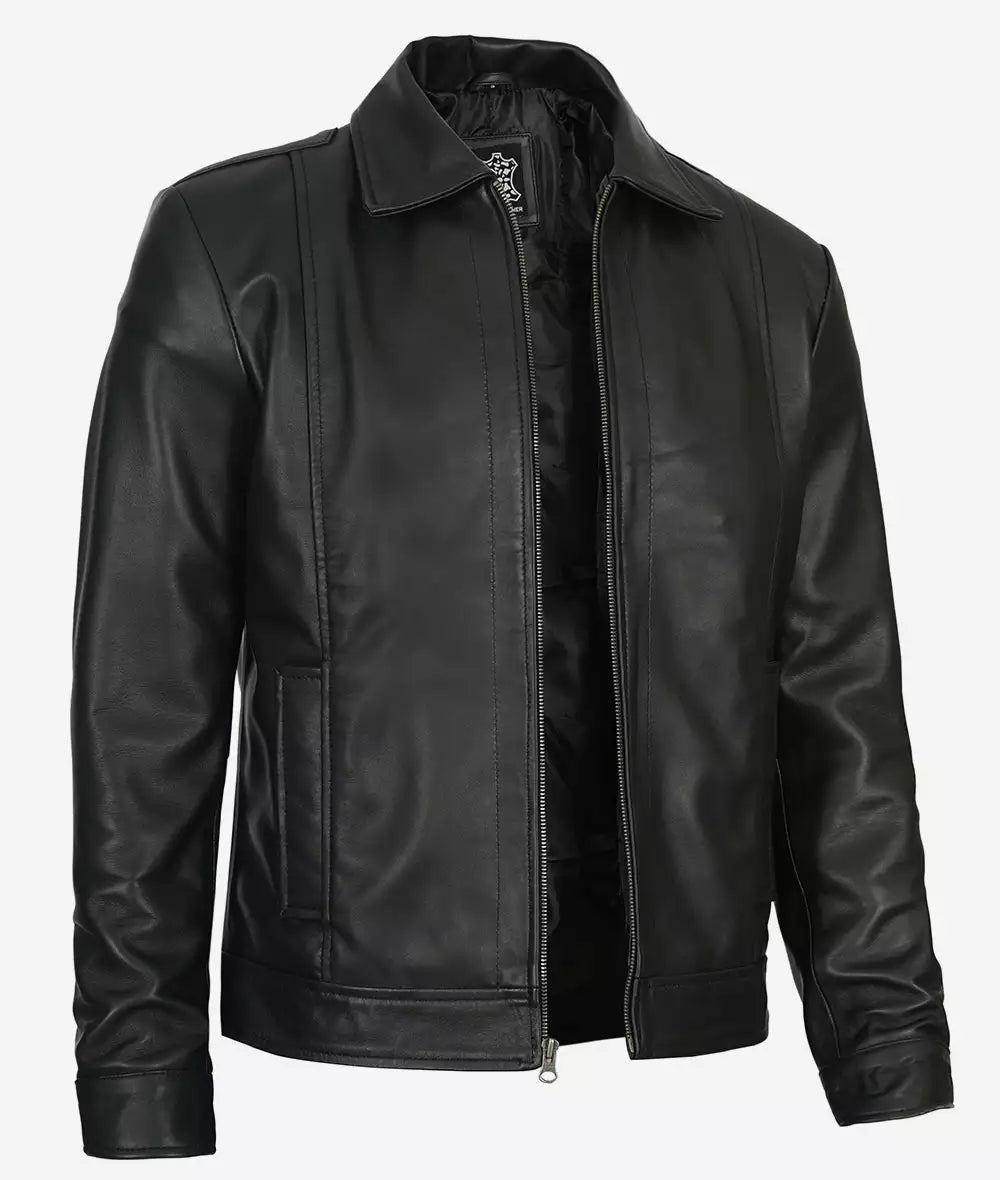 Mens Tall Shirt Collar Black Vintage Leather Jacket