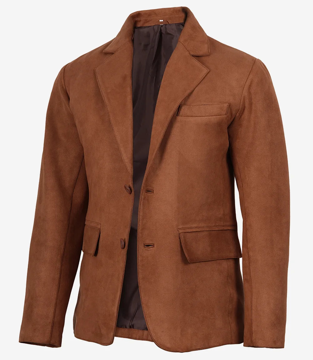 Men's Light Brown Faux Suede Blazer Jacket – 2-Button Notch Lapel