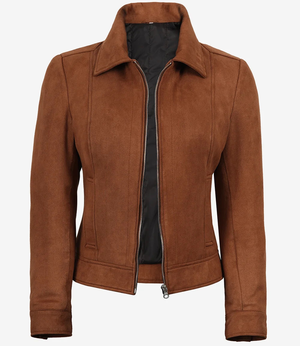 Womens Shirt Collar Light Brown Faux Suede Jacket