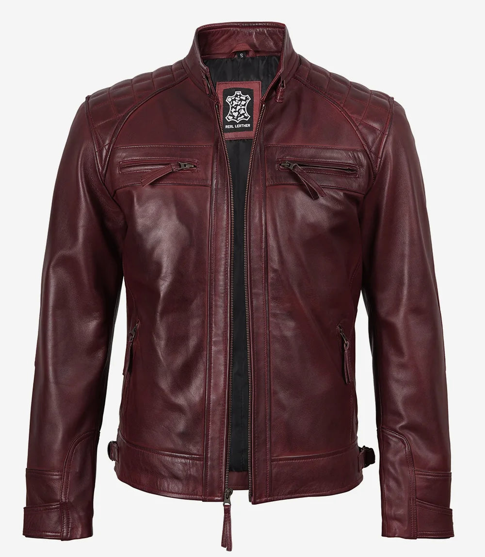 Veste motard en cuir véritable bordeaux pour homme – épaules matelassées