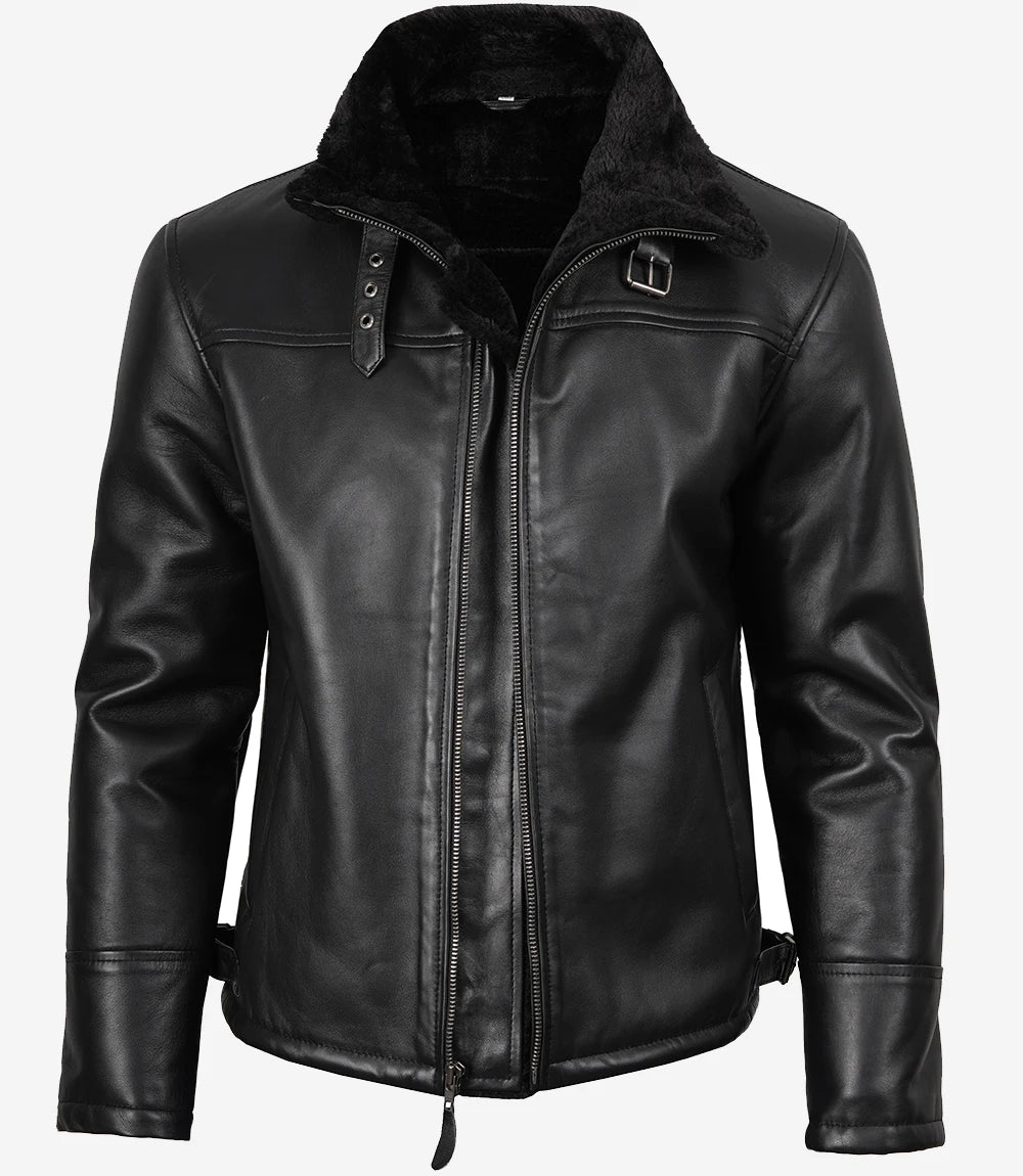 Blouson aviateur B3 en cuir et peau lainée noire pour homme