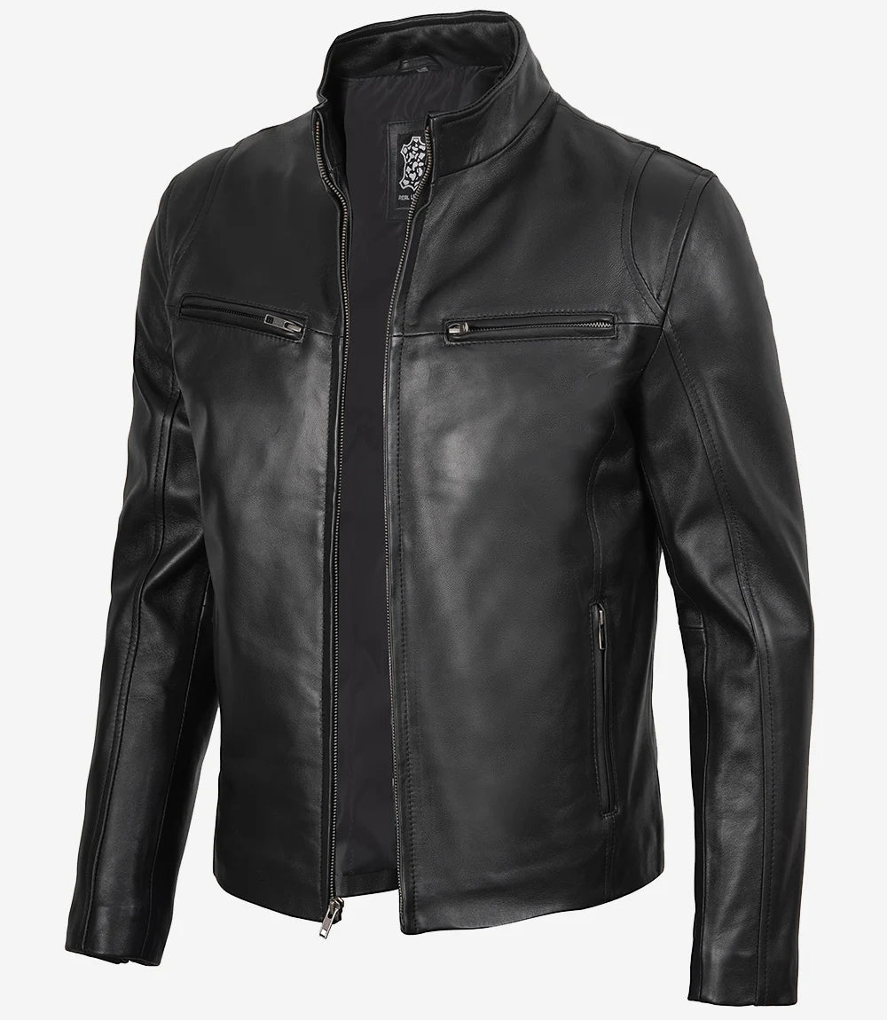 Veste en cuir noir style motard pour homme