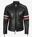 Veste motard en cuir d'agneau noir pour homme - Rayures blanches et rouges