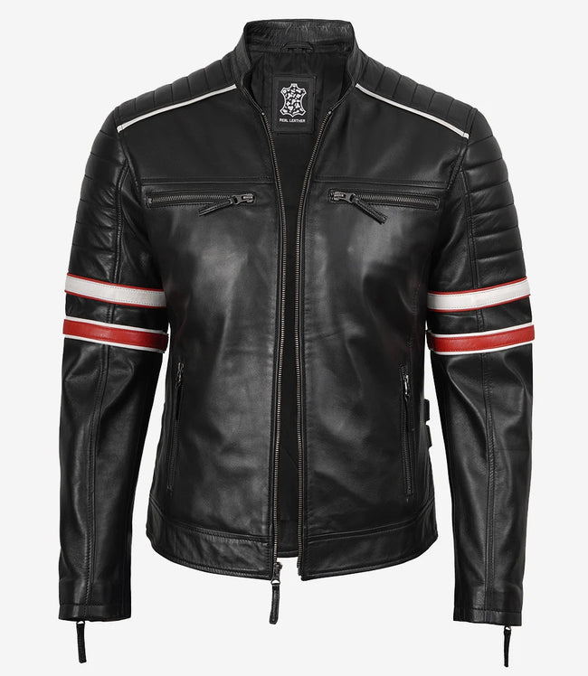 Veste motard en cuir d'agneau noir pour homme - Rayures blanches et rouges