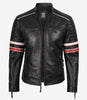 Veste motard en cuir d'agneau noir pour homme - Rayures blanches et rouges