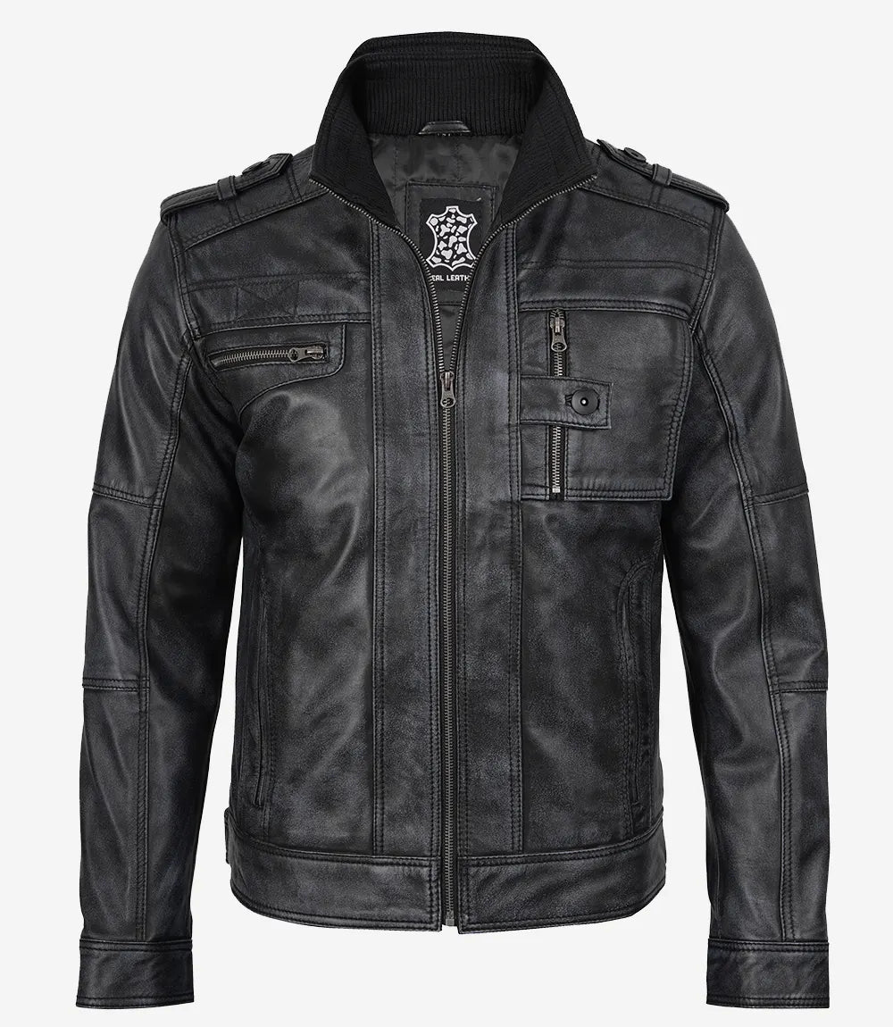 Veste de motard classique en cuir noir pour homme
