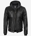 Blouson aviateur en cuir noir pour homme avec capuche amovible