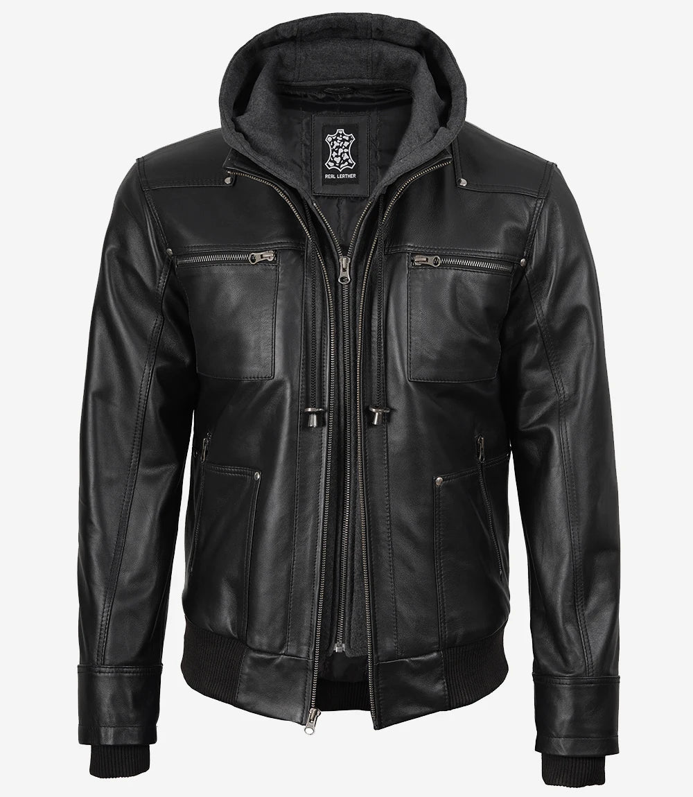 Blouson aviateur en cuir noir pour homme avec capuche amovible