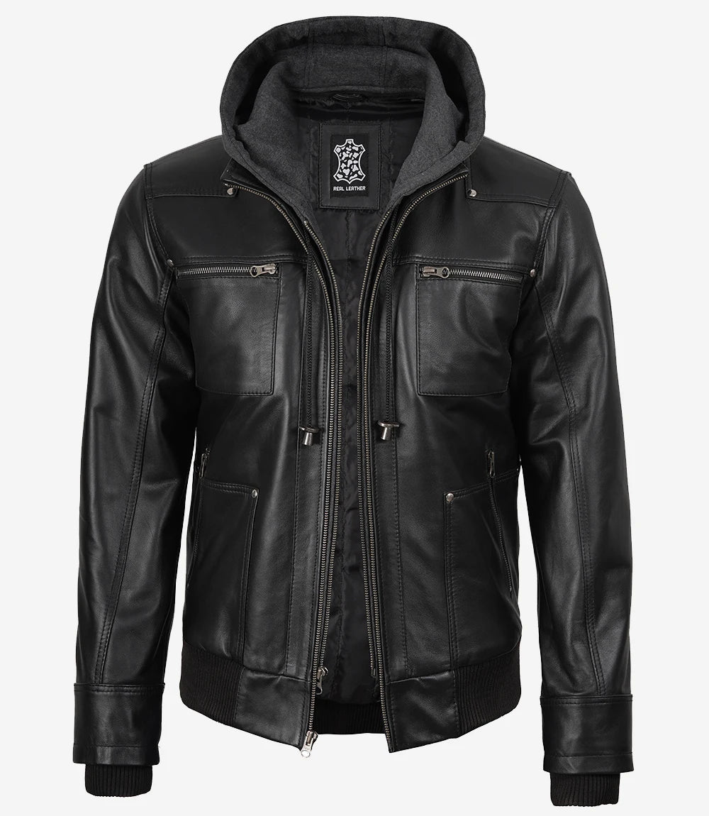 Blouson aviateur en cuir noir pour homme avec capuche amovible