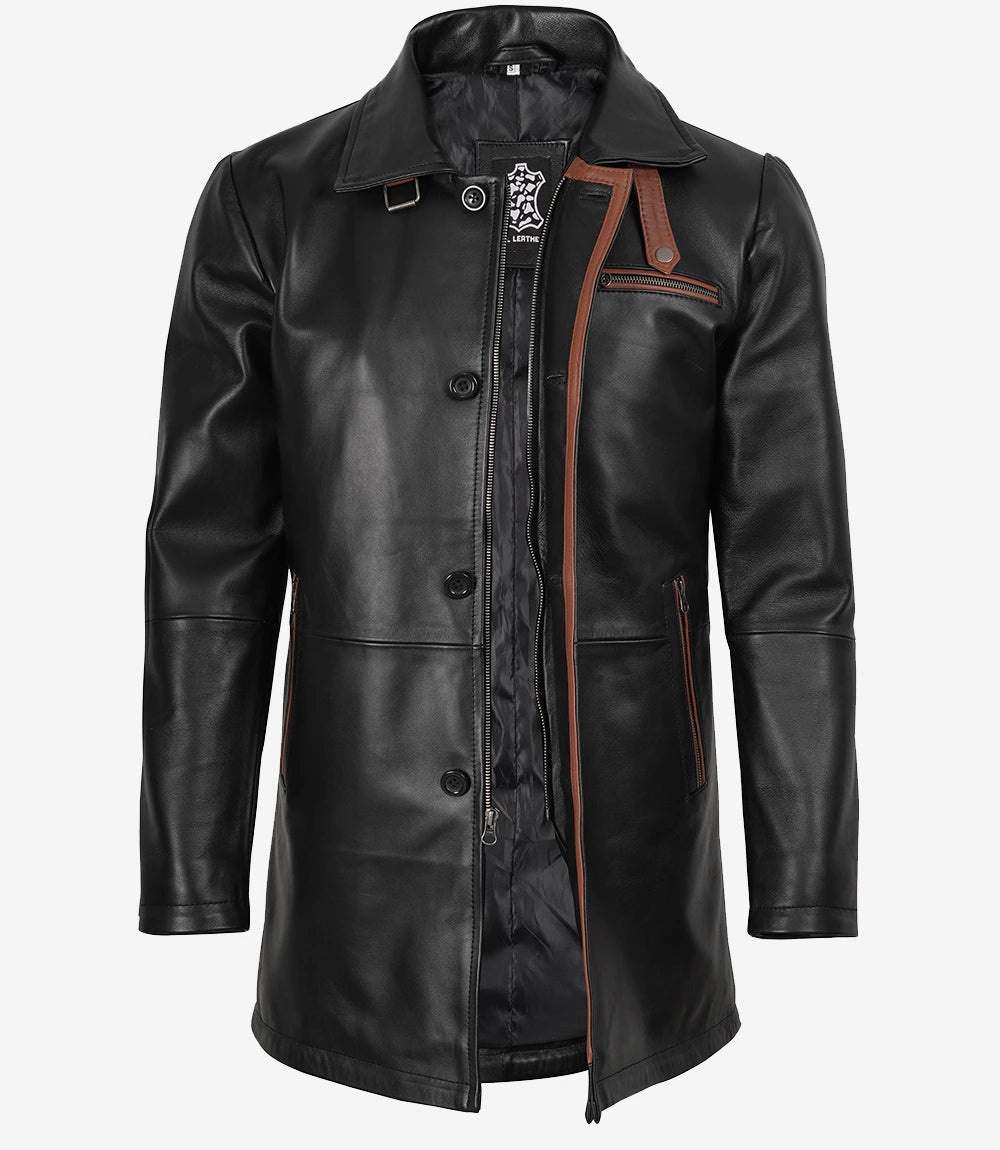 Manteau en cuir noir pour homme avec détails marron