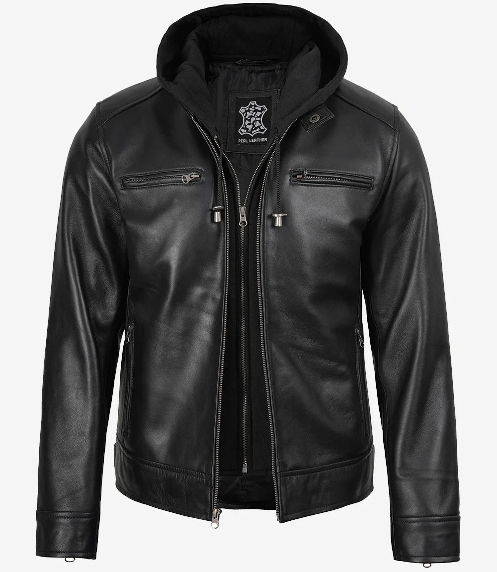 Veste en cuir noir pour homme avec capuche amovible
