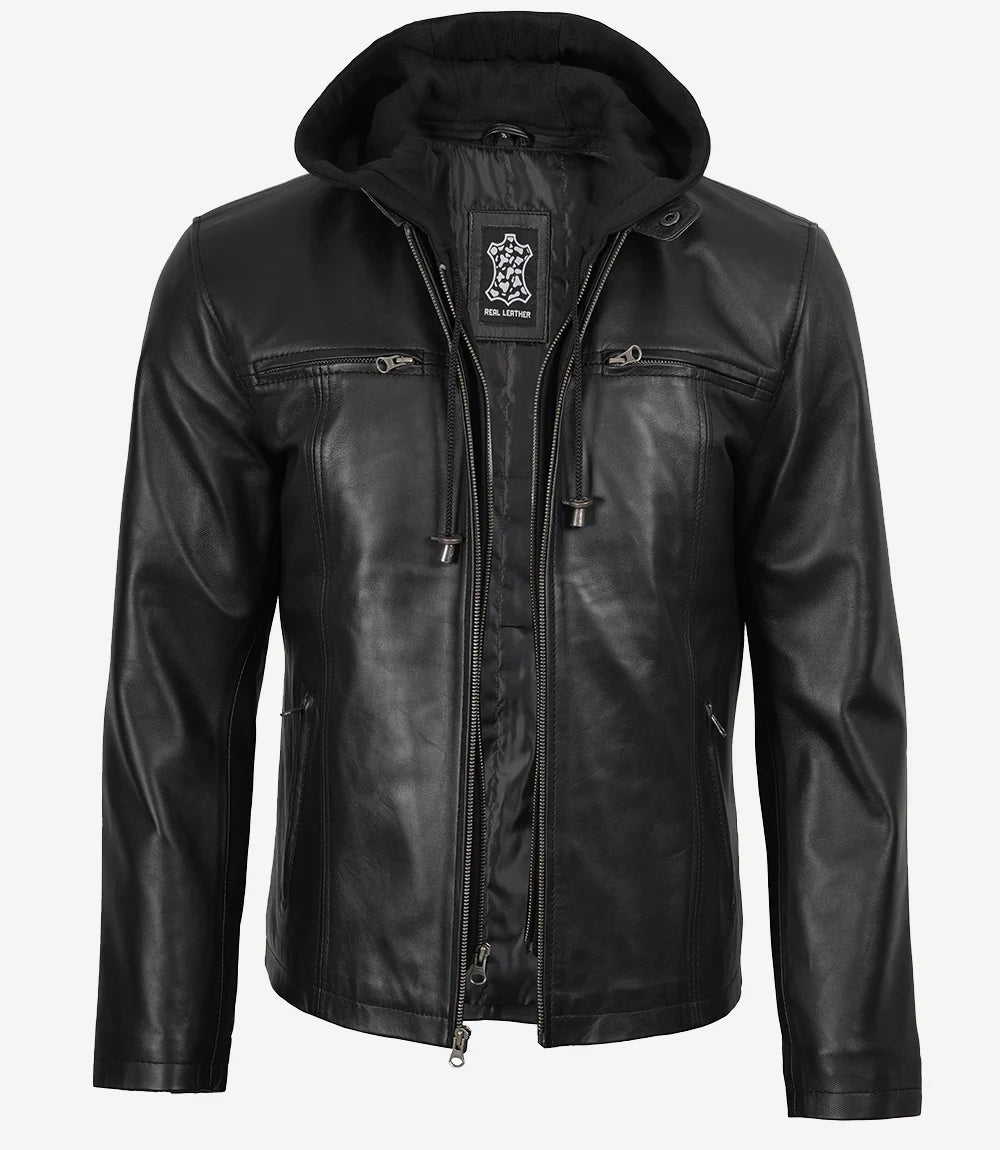 Veste en cuir noir pour homme avec capuche amovible