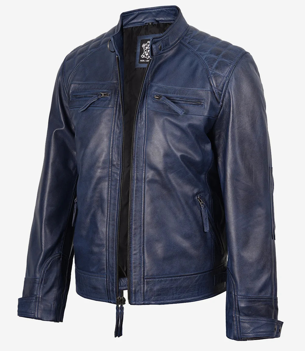 Veste en cuir bleu ciré matelassé style motard pour homme