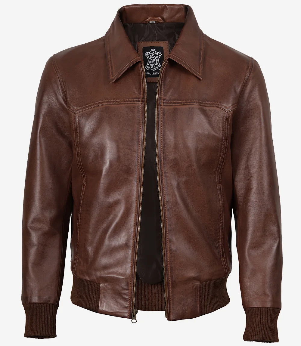 Blouson aviateur en cuir marron à col chemise pour homme