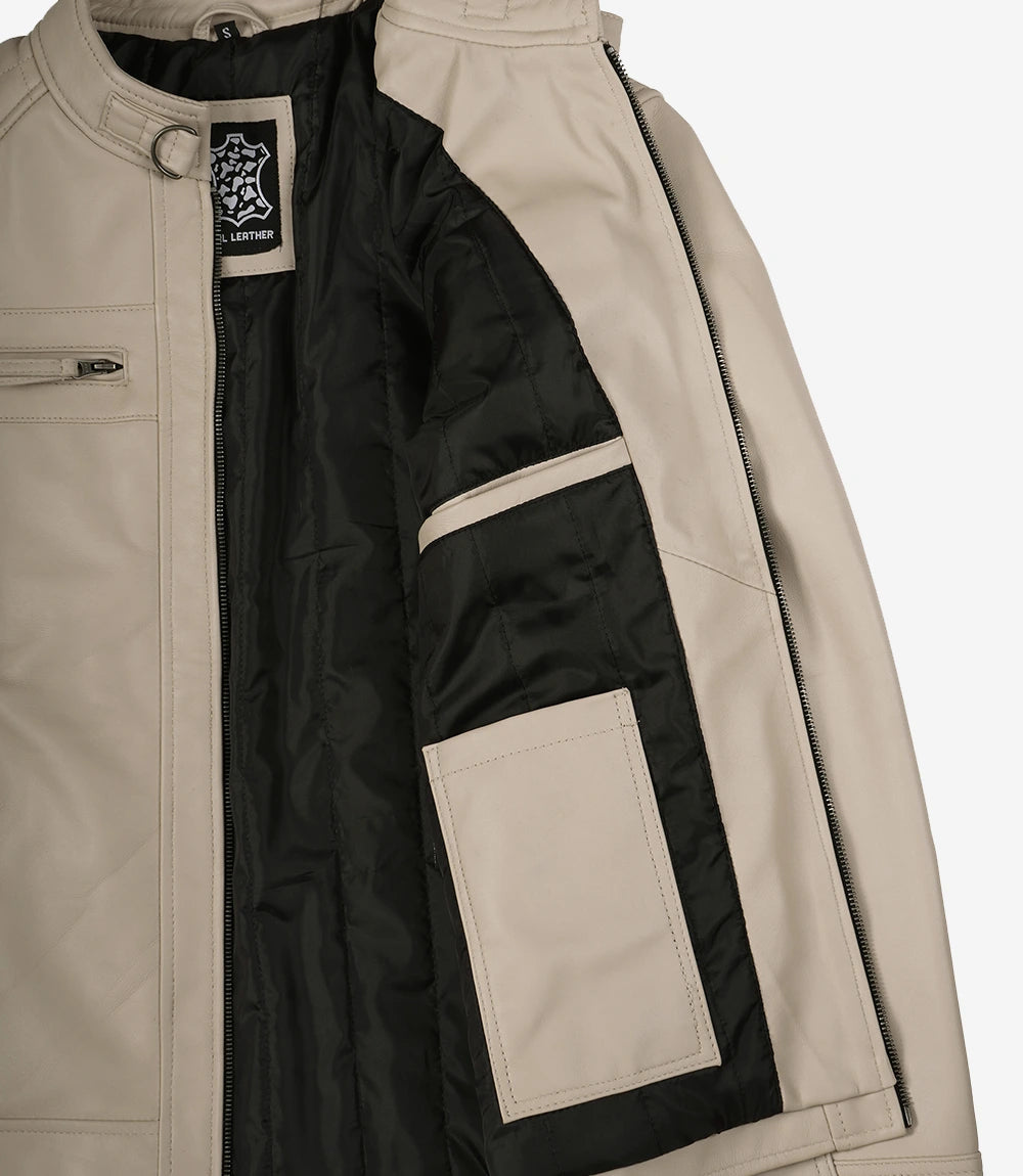 Veste en cuir beige style motard pour homme - Épaules matelassées