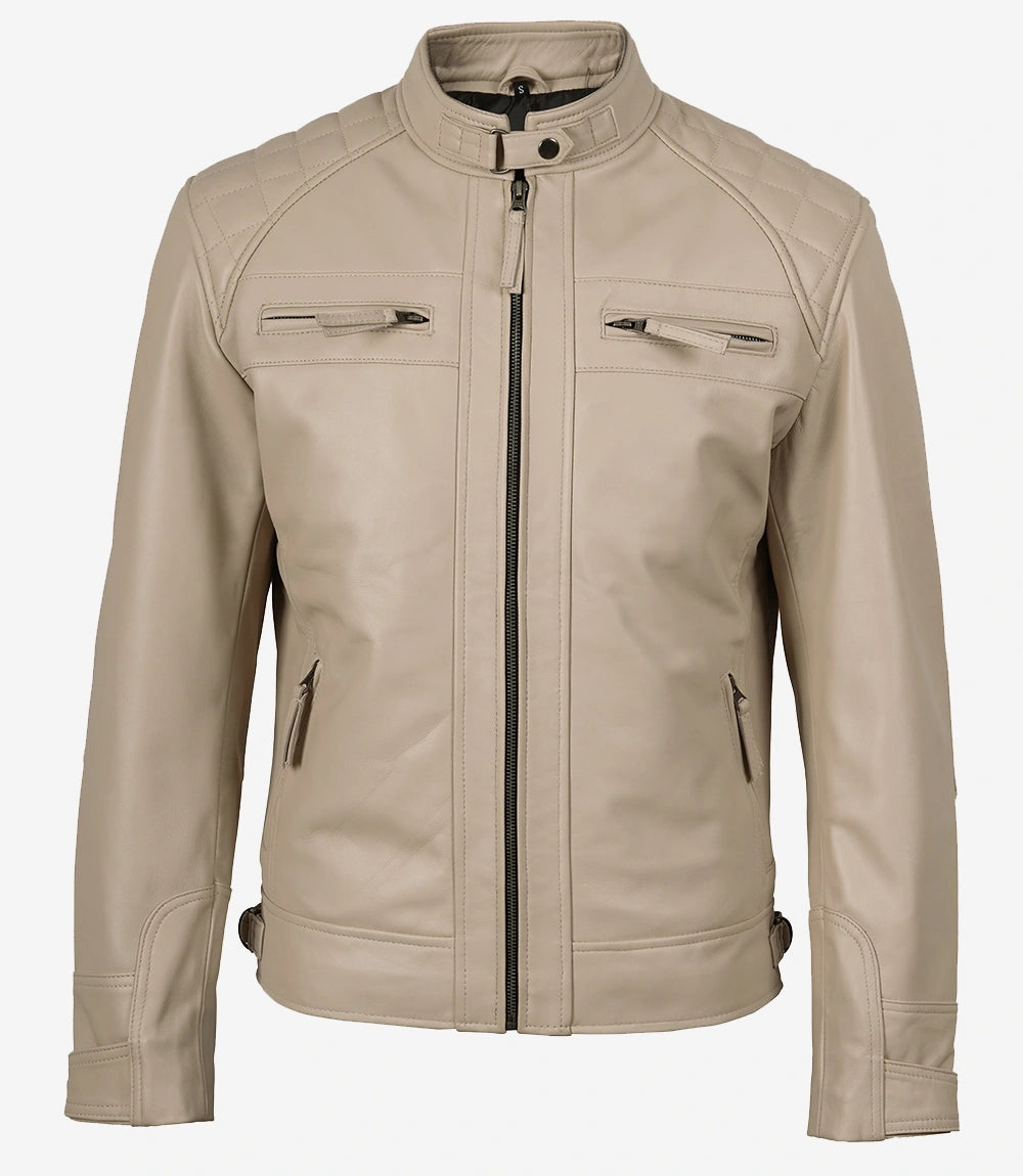 Veste en cuir beige style motard pour homme - Épaules matelassées