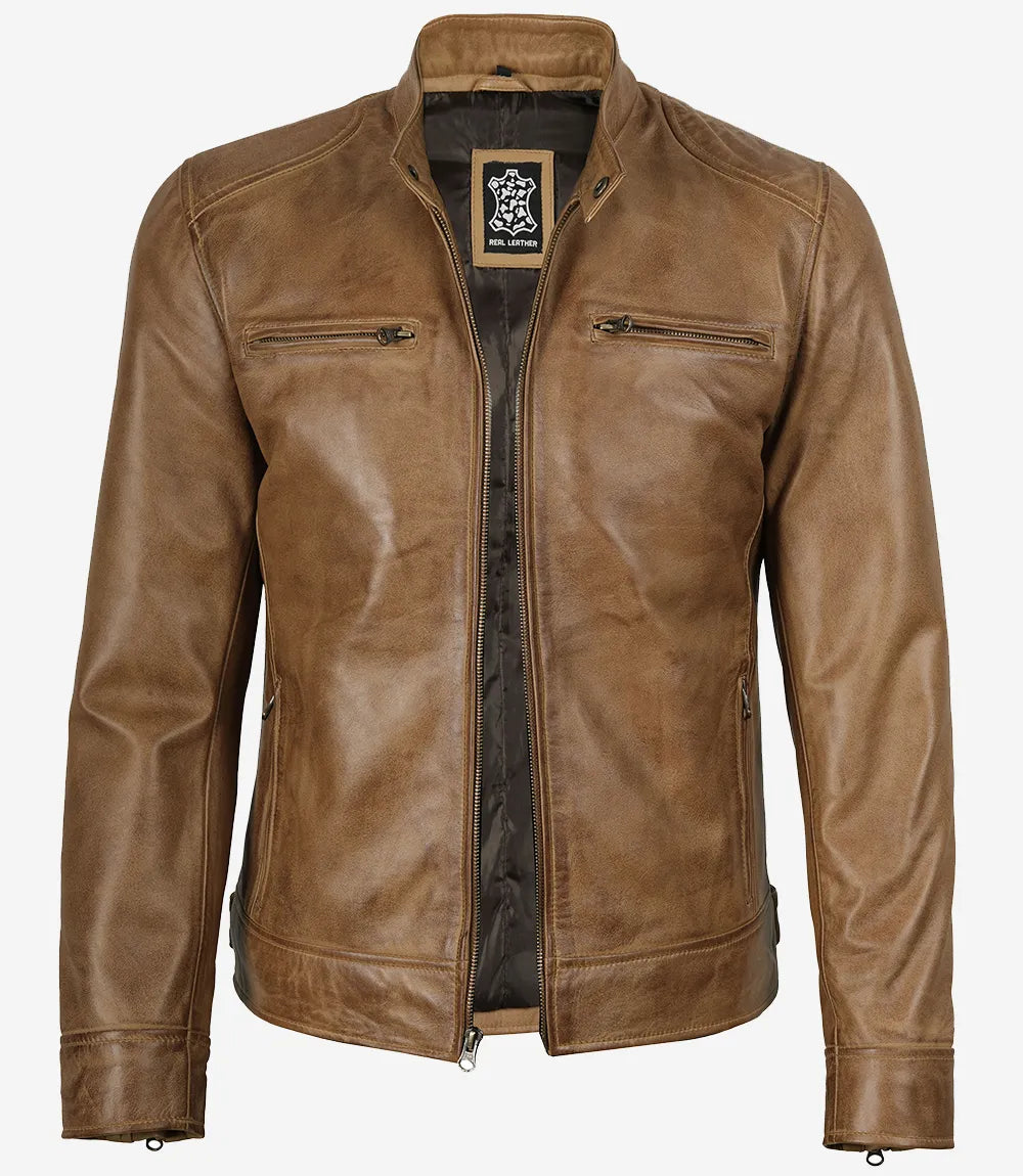 Veste en cuir style motard marron camel pour homme