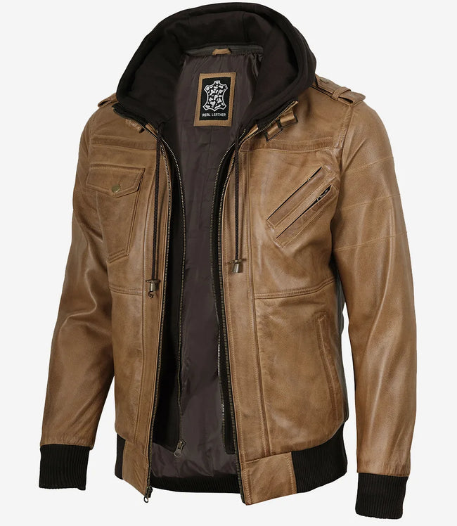 Blouson aviateur en cuir marron camel pour homme (capuche amovible)