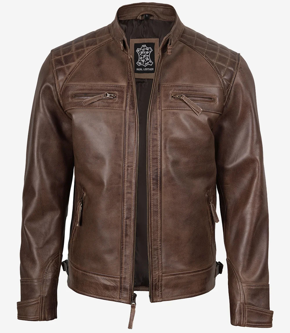 Veste en cuir marron chocolat style motard pour homme - Épaules matelassées