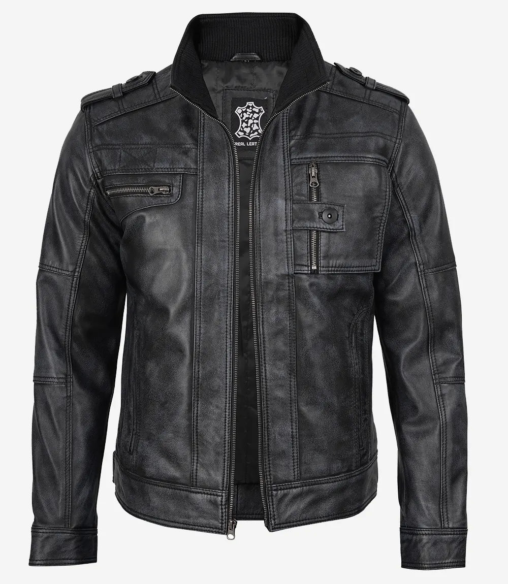 Veste de motard classique en cuir noir pour homme