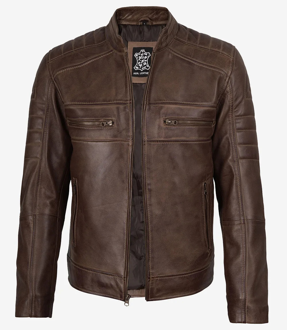Veste en cuir vieilli marron café pour homme - Style motard