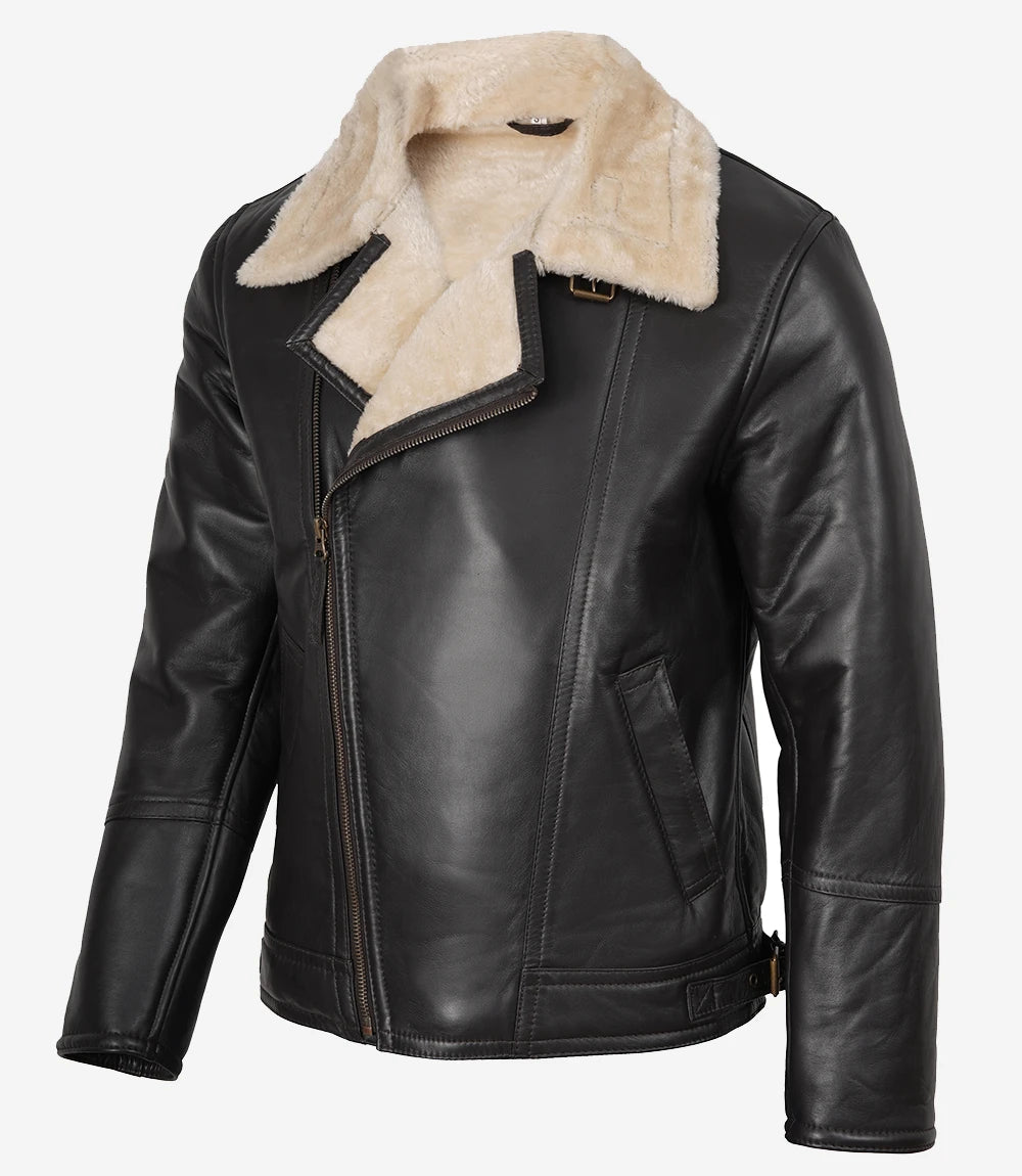 Veste en cuir style motard en peau lainée marron foncé pour homme