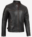 Veste en cuir marron vieilli style motard pour homme