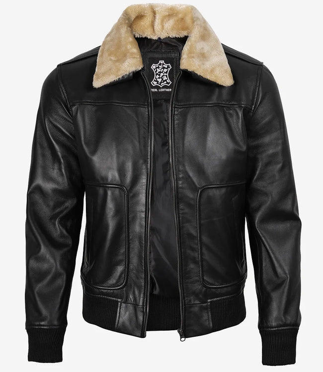 Blouson aviateur en cuir noir avec col en fourrure pour homme