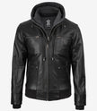 Blouson aviateur en cuir noir pour homme avec capuche amovible