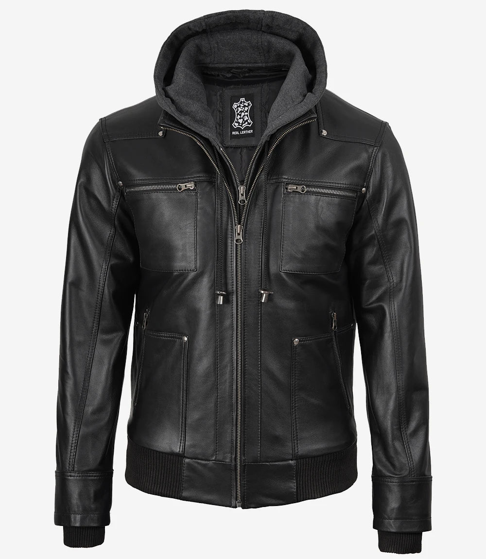 Blouson aviateur en cuir noir pour homme avec capuche amovible