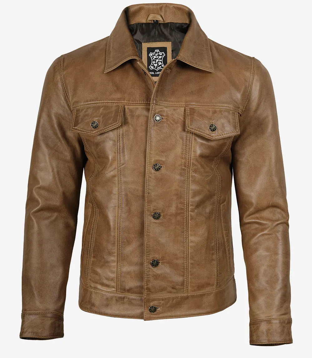 Veste de camionneur en cuir véritable marron camel pour homme