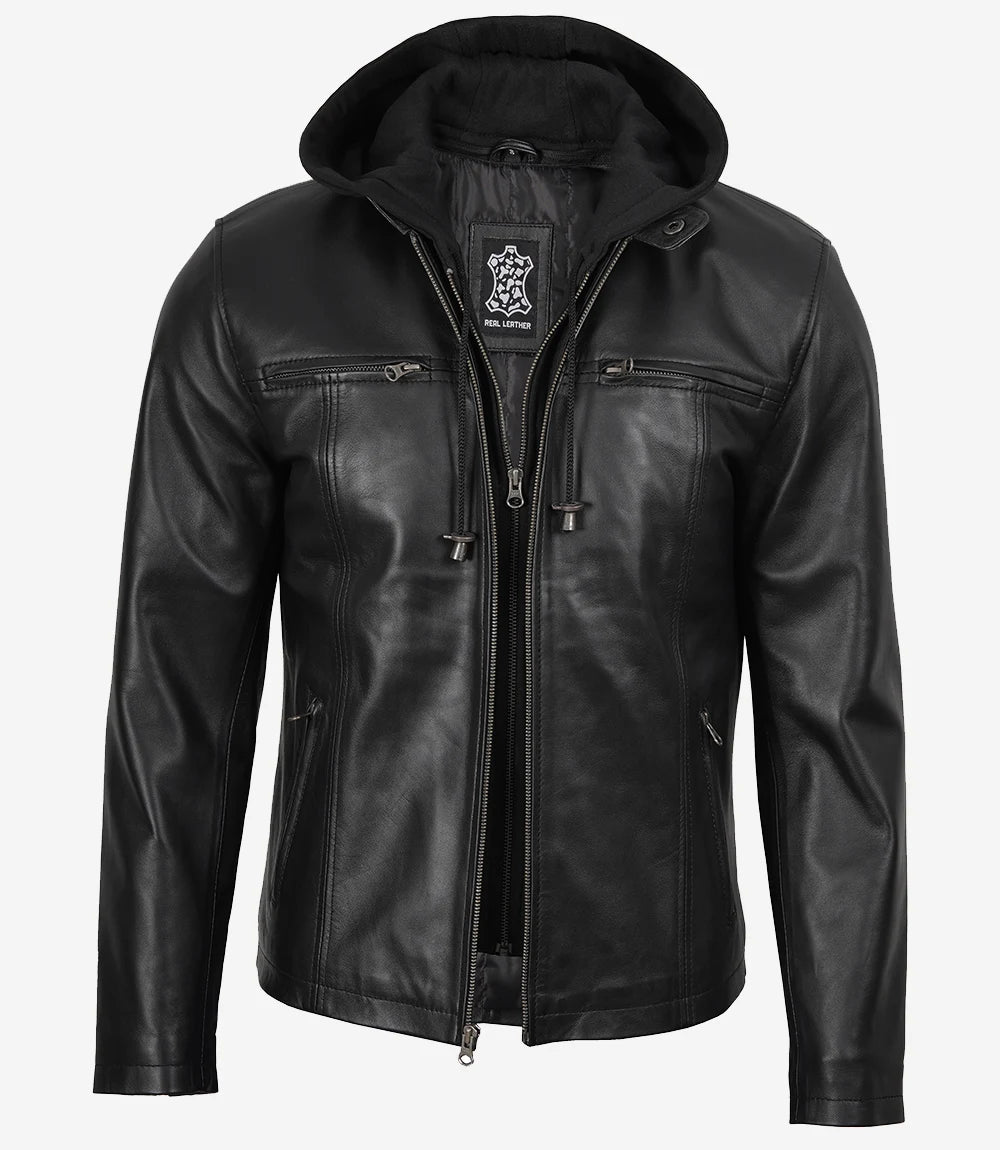 Veste en cuir noir pour homme avec capuche amovible