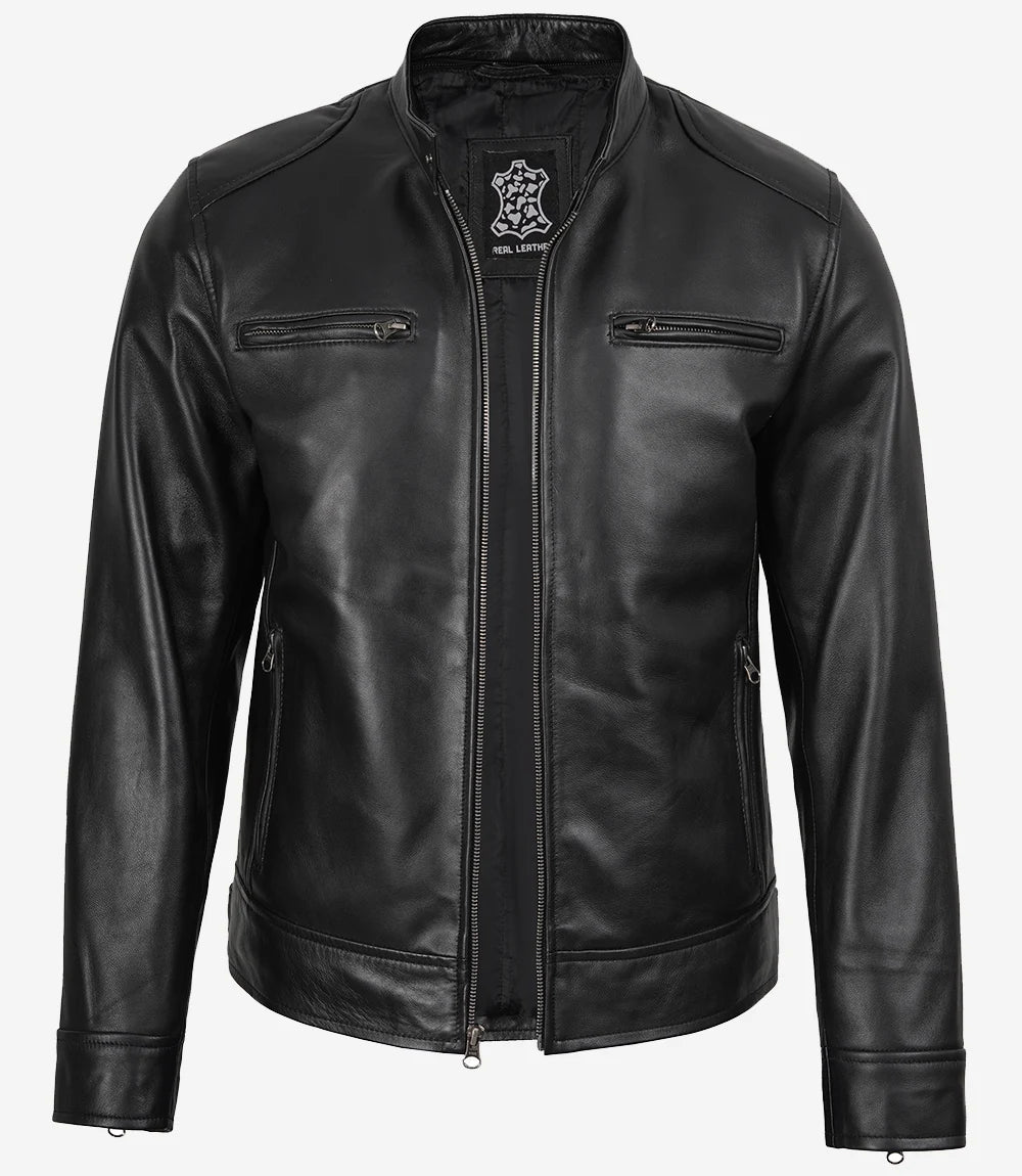 Veste en cuir noir pour homme avec capuche amovible