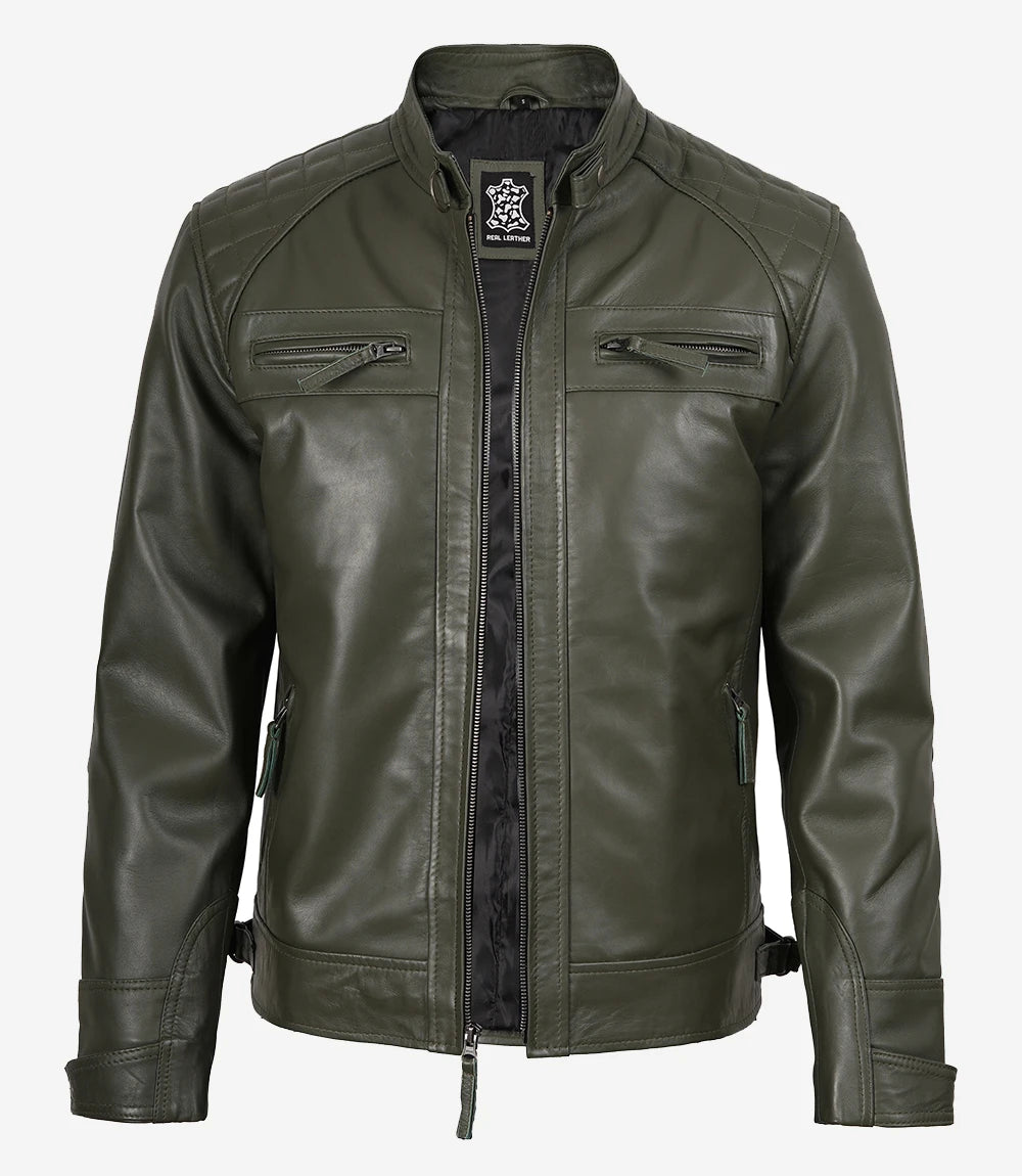 Veste en cuir vert olive style motard pour homme avec épaules matelassées