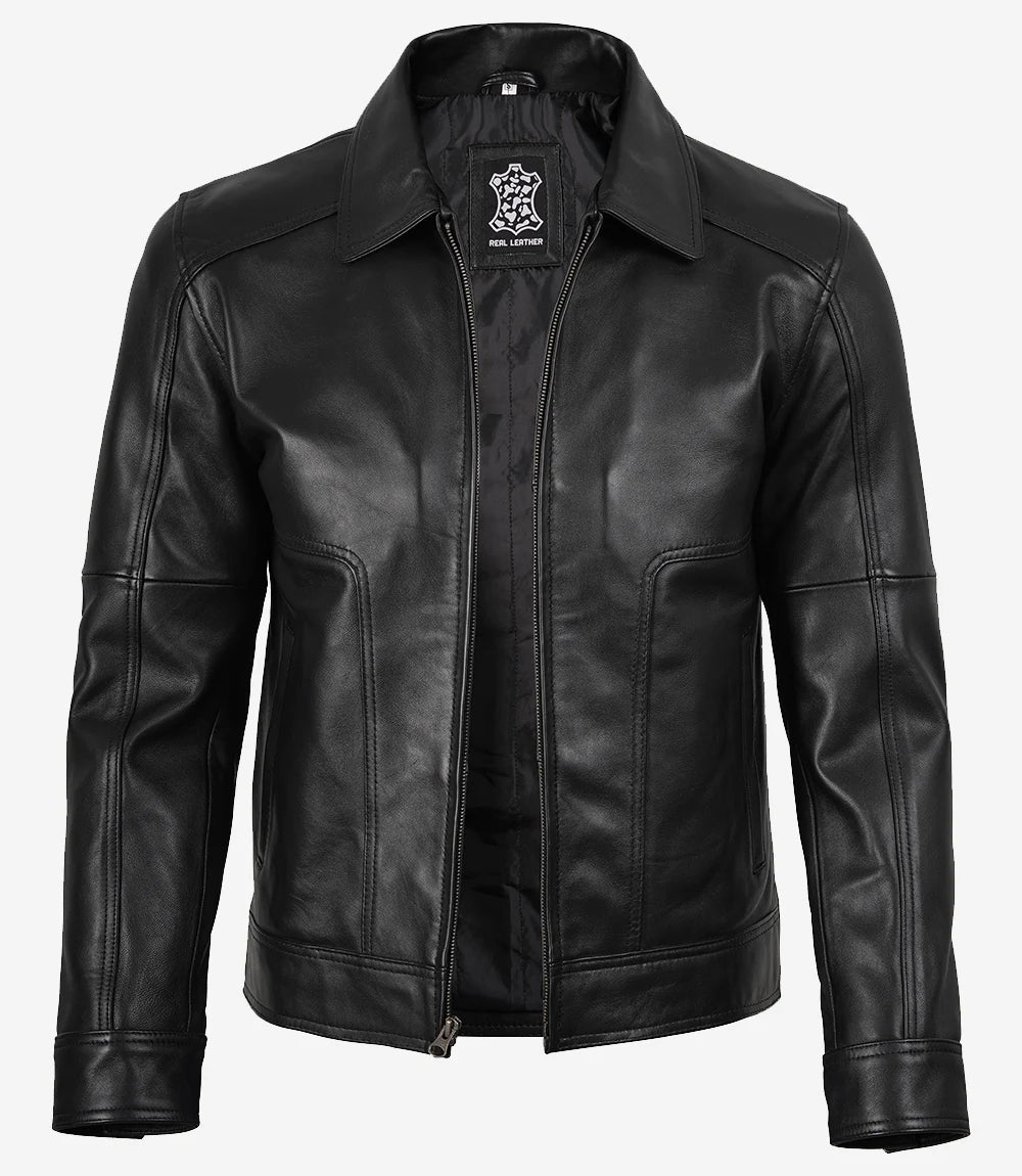 Veste en cuir noir classique à col chemise pour homme
