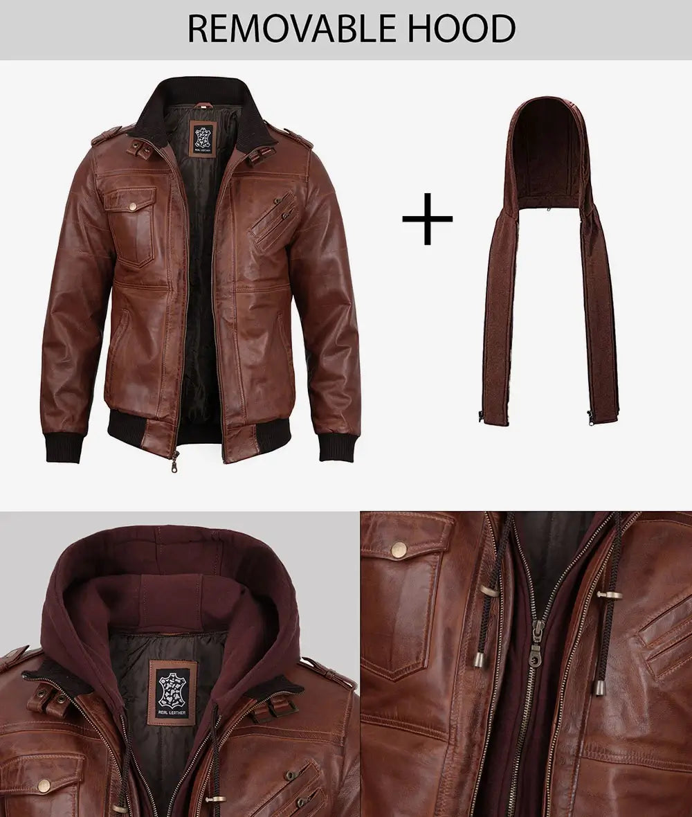 Mens Tall Brown Leather Bomber Jacket with Hood
