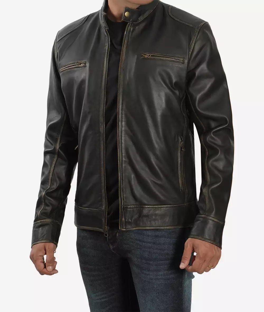 Mens Tall Real Leather Rub Off Brown Cafe Racer Jacket