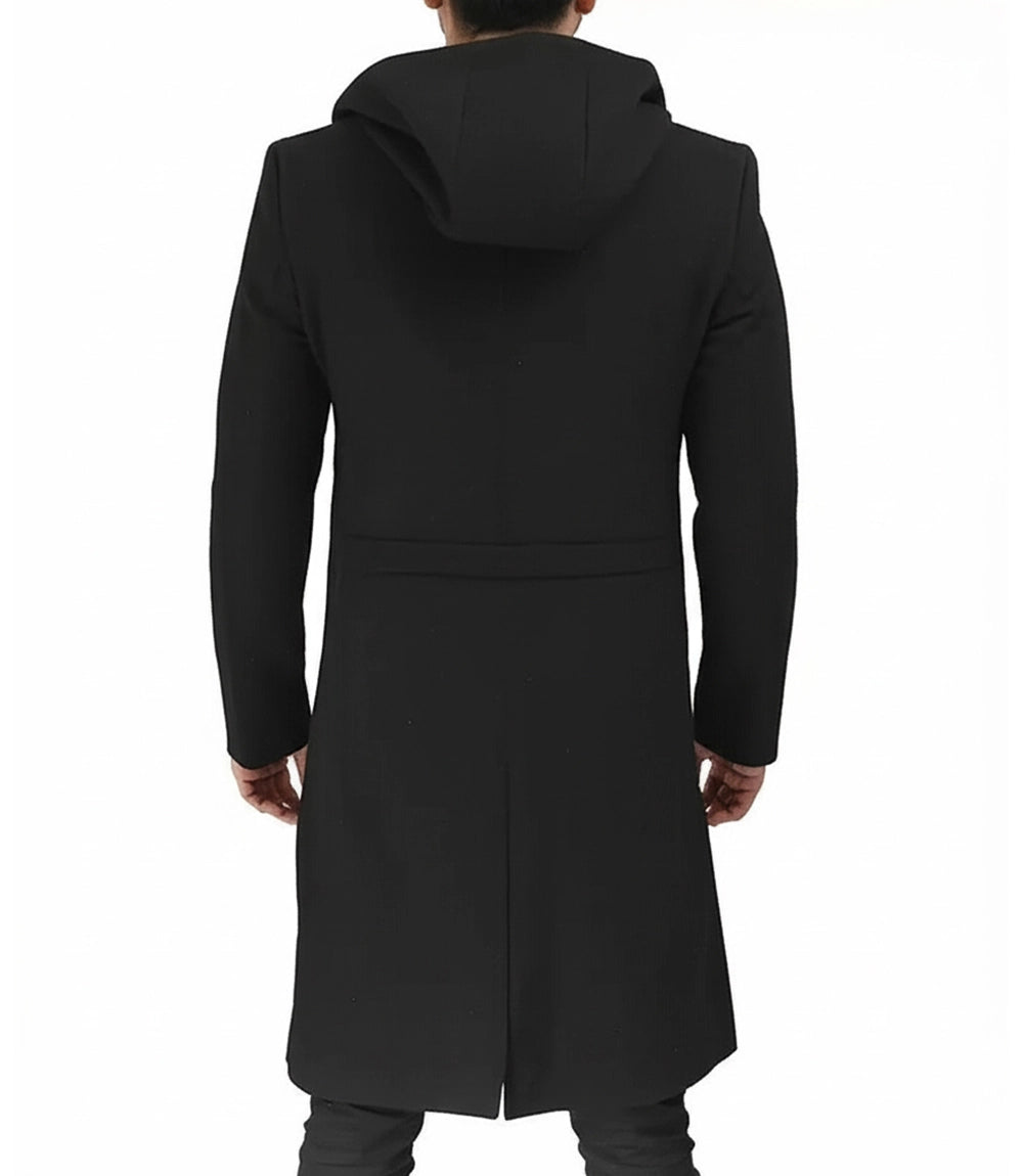 Manteau en laine noir à capuche pour homme | Fermeture éclair pour la chaleur hivernale