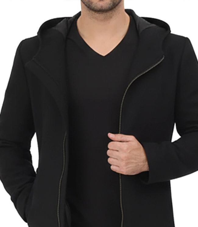 Manteau en laine noir à capuche pour homme | Fermeture éclair pour la chaleur hivernale