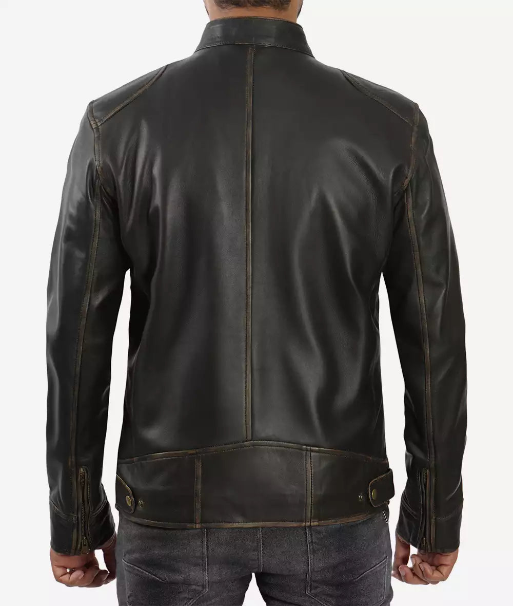 Mens Tall Real Leather Rub Off Brown Cafe Racer Jacket