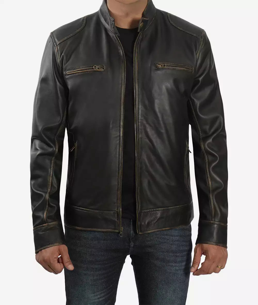 Mens Tall Real Leather Rub Off Brown Cafe Racer Jacket