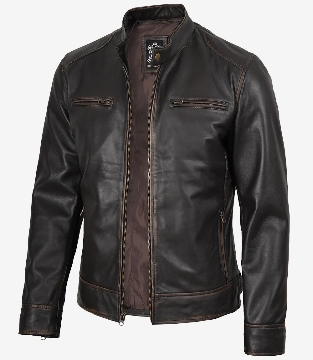 Veste en cuir marron vieilli style motard pour homme