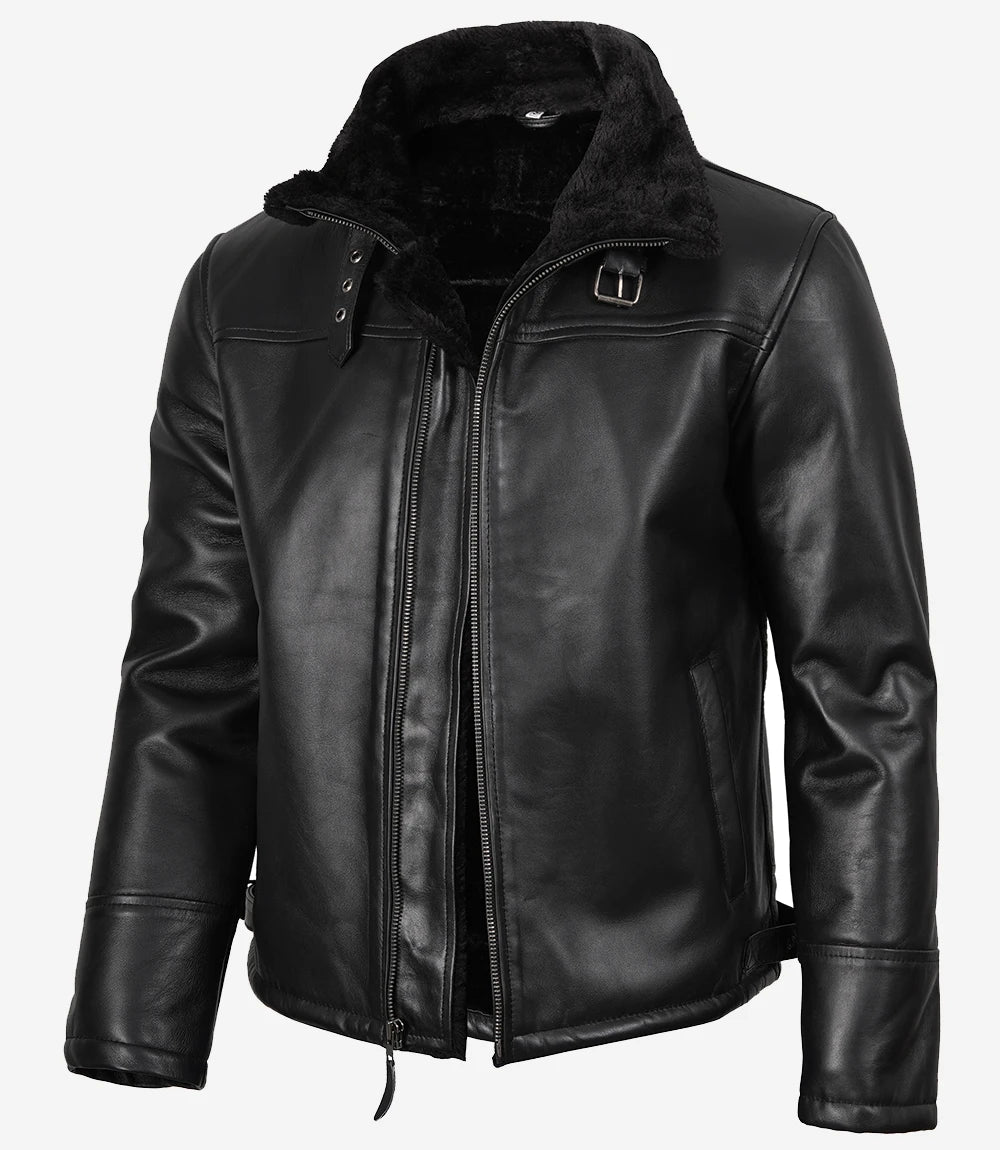 Blouson aviateur B3 en cuir et peau lainée noire pour homme