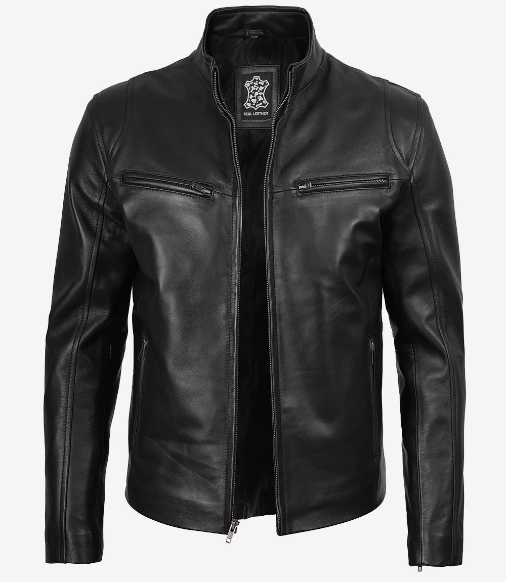 Veste en cuir noir style motard pour homme