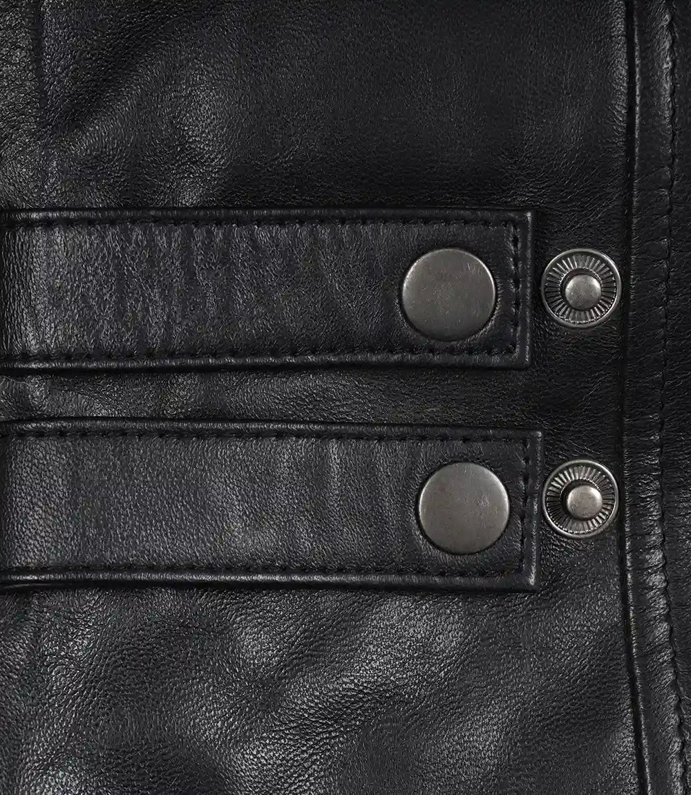 Veste motard en cuir d'agneau noir pour homme - Rayures blanches et rouges