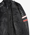 Veste motard en cuir d'agneau noir pour homme - Rayures blanches et rouges