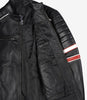 Veste motard en cuir d'agneau noir pour homme - Rayures blanches et rouges